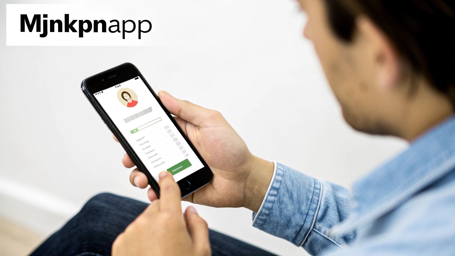 Een persoon houdt een smartphone vast met een geopende app, waarop een profielicoon en tekst te zien zijn.