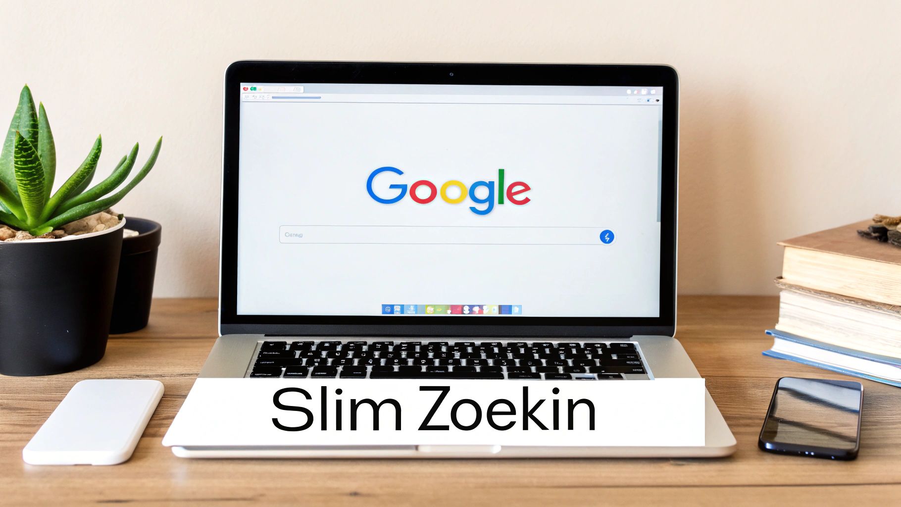 Een laptop toont de Google zoekpagina op een houten bureau, met een plant en smartphones ernaast.