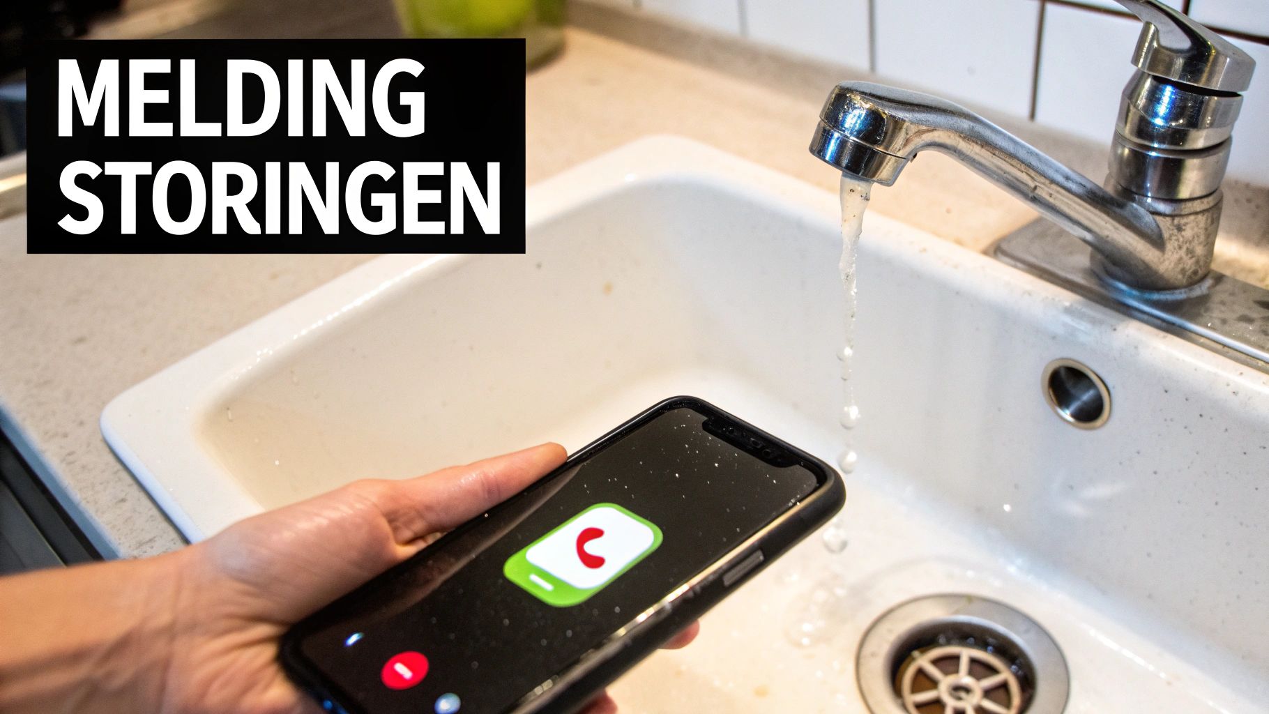 Een hand houdt een smartphone met een telefoonicoon onder een lopende kraan in een gootsteen, met de tekst 'Melding Storingen'.