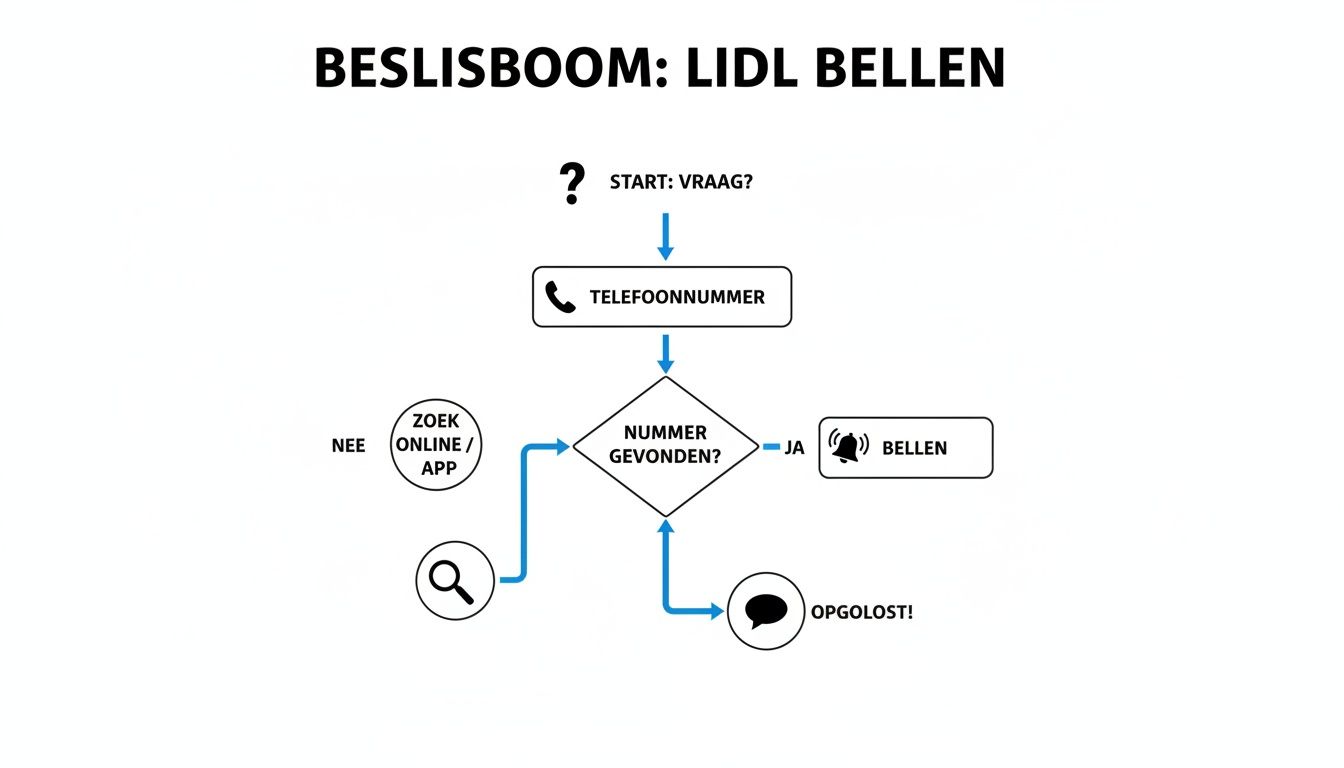 Beslisboom diagram met stappen voor het vinden van het telefoonnummer van Lidl en bellen.