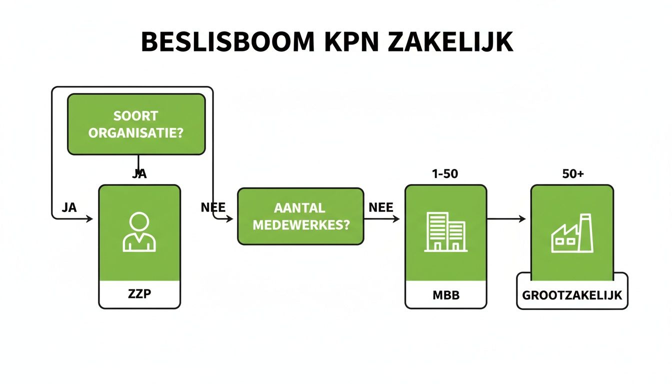 Beslisboom KPN Zakelijk categoriseert organisaties op type en aantal medewerkers voor specifieke diensten.