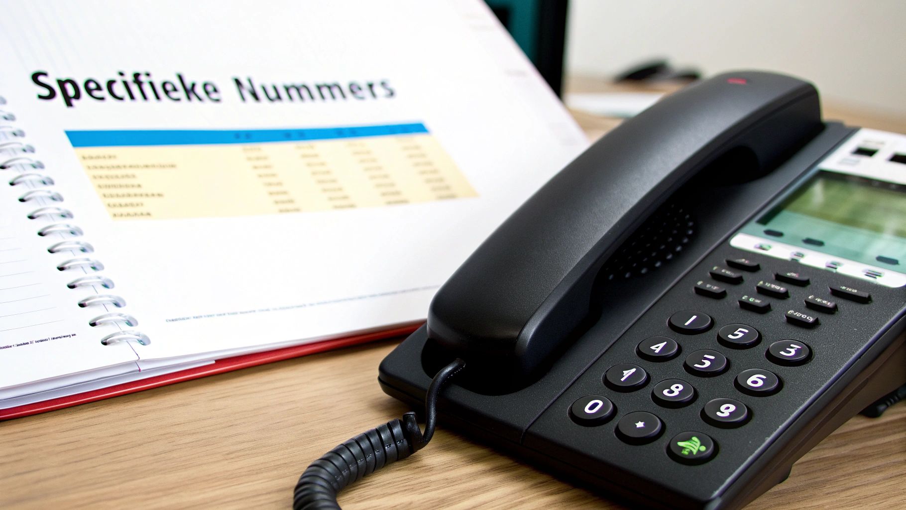 Een zwarte bureautelefoon met hoorn naast een open spiraalnotitieboekje met de titel 'Specifieke Nummers' op een houten bureau.