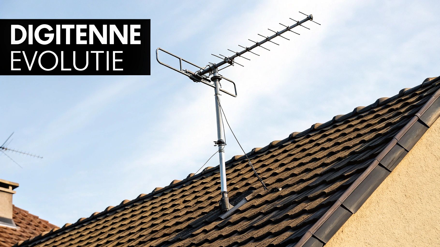 Een moderne antenne boven op een dak, gericht op de horizon.