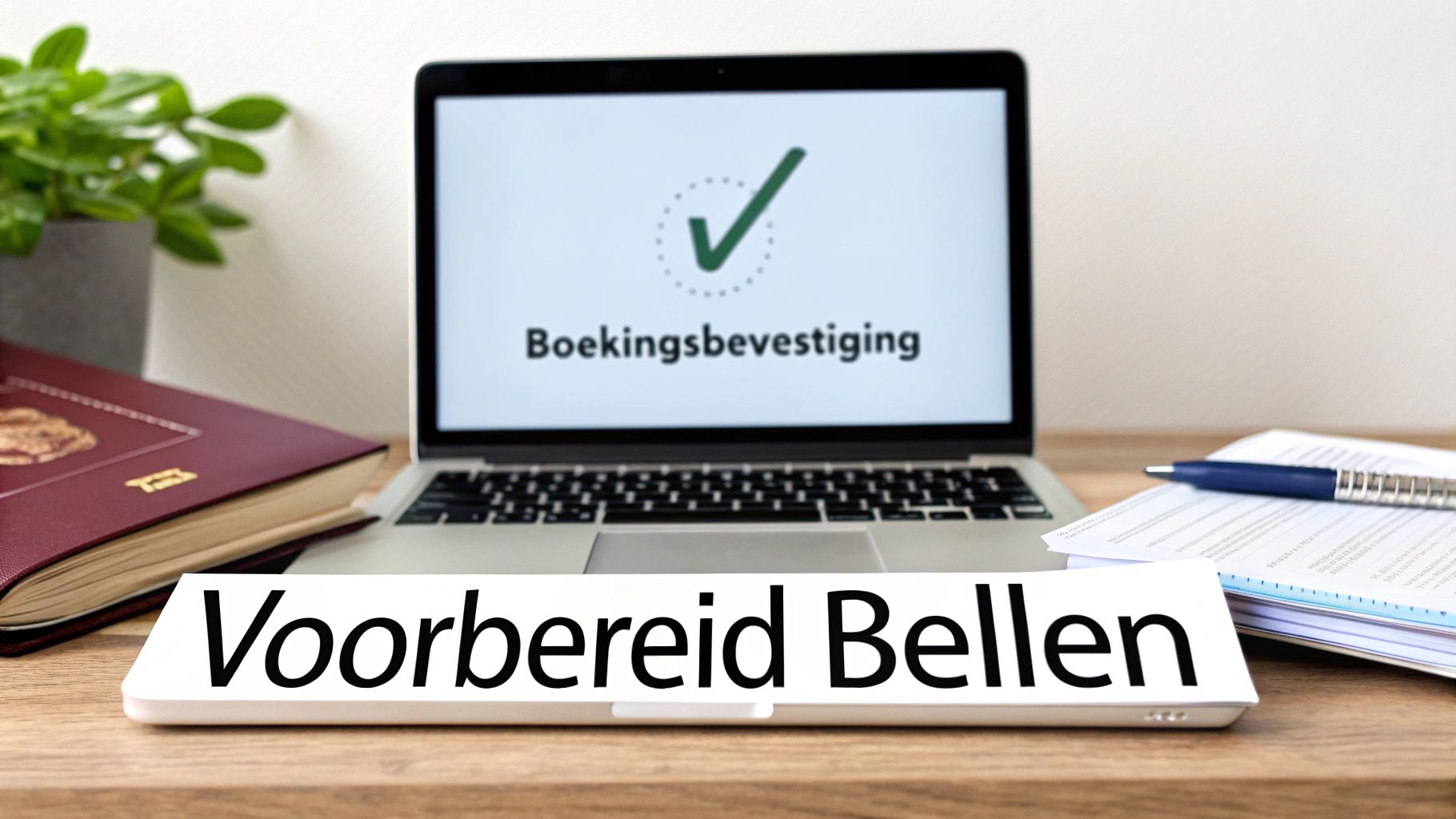 Persoon zit aan een bureau met laptop en notitieblok, klaar om te bellen.