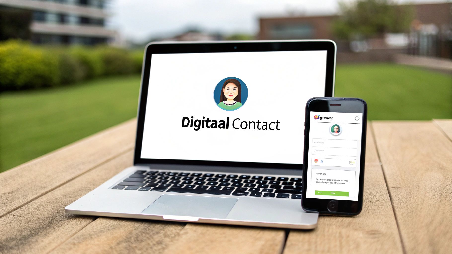 Een laptop en smartphone op een houten tafel buiten, beide met een "Digitaal Contact" app.