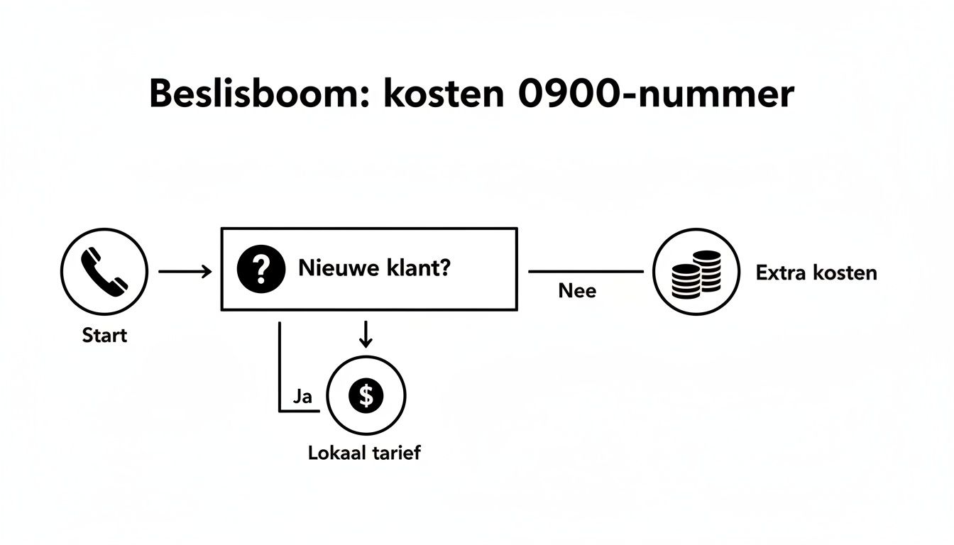 Beslisboom die uitlegt wanneer een 0900-nummer lokaal tarief of extra kosten heeft, afhankelijk van of je een nieuwe klant bent.