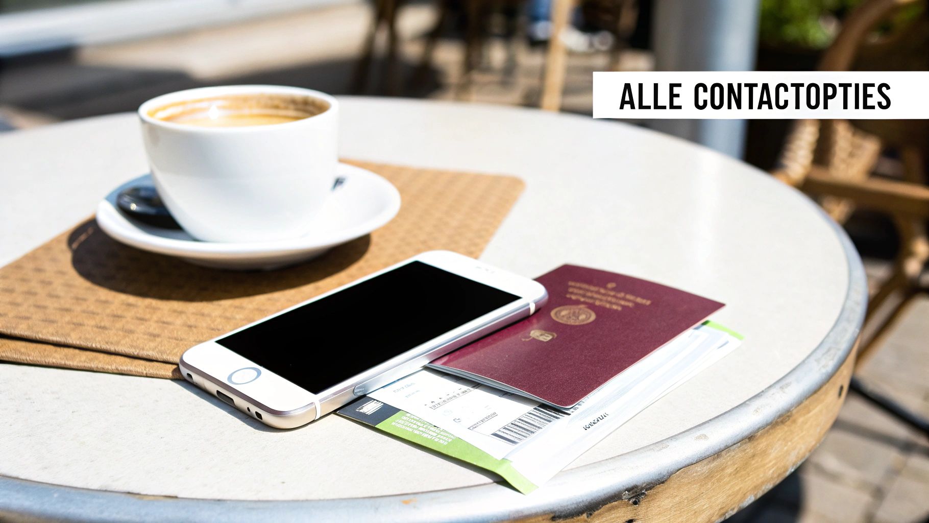 Witte koffiekop, smartphone en paspoort op een tafel, met 'ALLE CONTACTOPTIES' als tekstoverlay.
