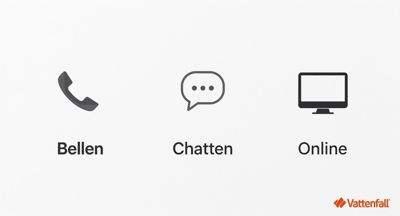 Drie contactopties voor Vattenfall: bellen via telefoon, chatten via messaging, en online hulp via computer