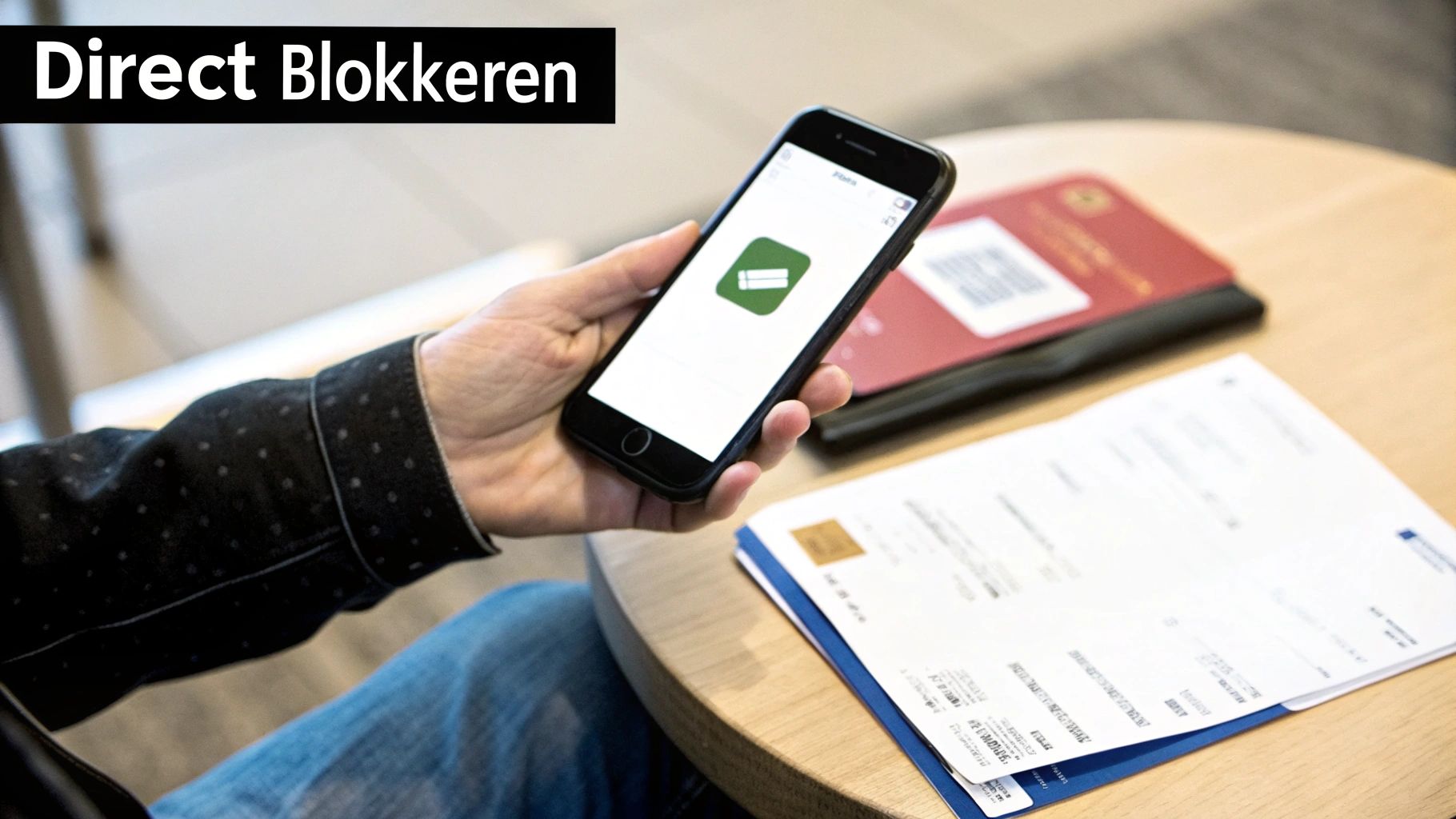 Persoon houdt een smartphone vast met een app voor direct blokkeren, documenten op een tafel.