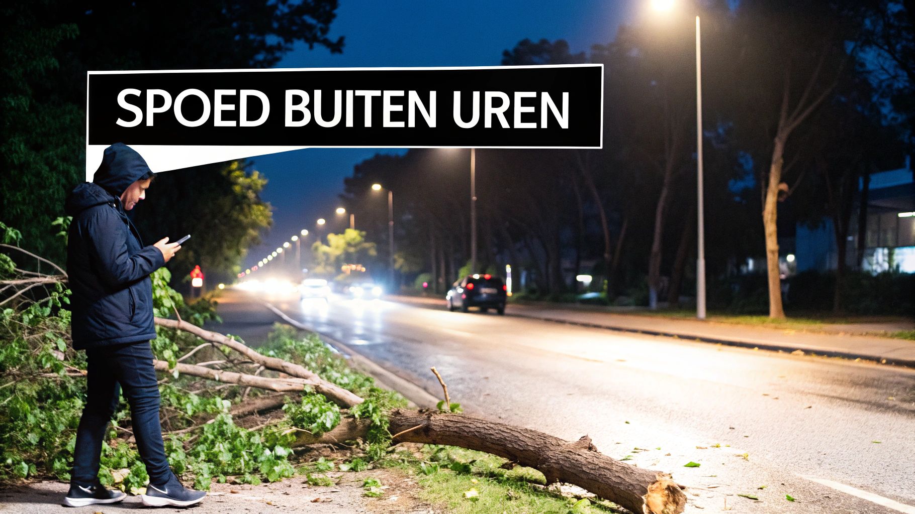 Man bij omgevallen takken op de weg kijkt op zijn telefoon, met 'SPOED BUITEN UREN' tekst.