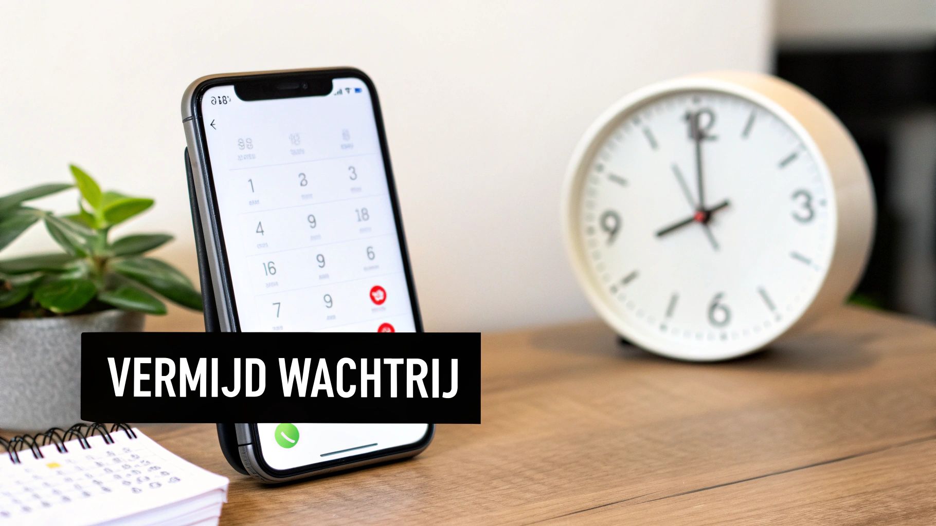 Een smartphone met kalender-app en een klok op een bureau, met de tekst 'VERMIJD WACHTRIJ'.