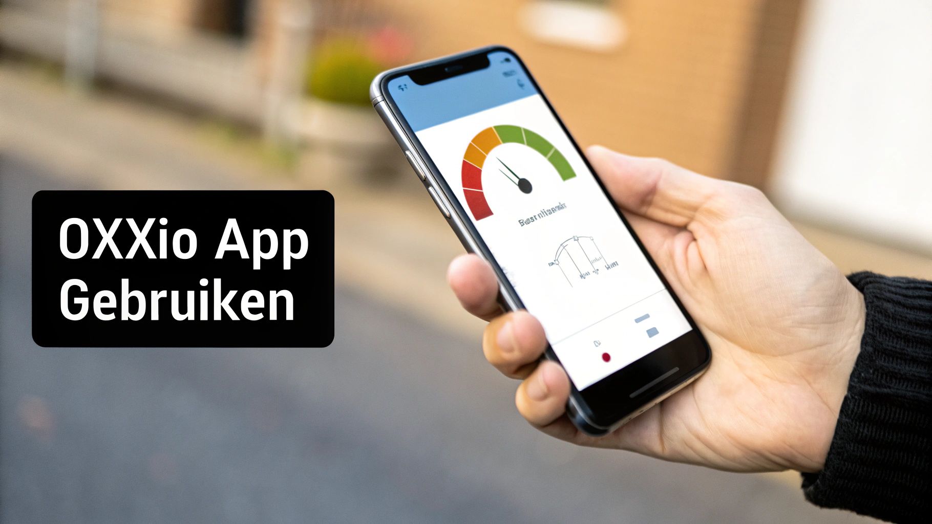 Een persoon houdt een smartphone vast waarop de OXXIo app wordt weergegeven met een gekleurde meter.