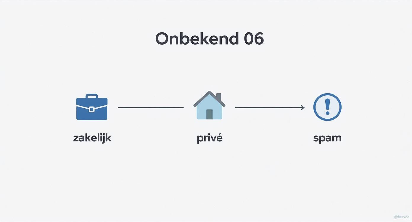Deze afbeelding toont een diagram voor het categoriseren van onbekende 06-nummers in zakelijk, privé of spam.