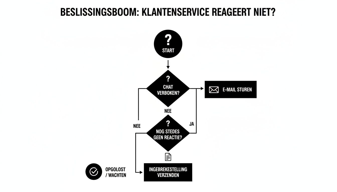 Beslissingsboom over hoe te handelen als de klantenservice niet reageert, inclusief chat, e-mail en ingebrekestelling.