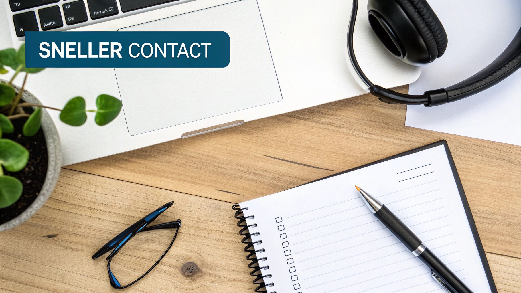 Overzicht van een werkplek met laptop, koptelefoon, notitieboekje, pen, bril en plant op houten bureau, met 'SNELLER CONTACT' banner.