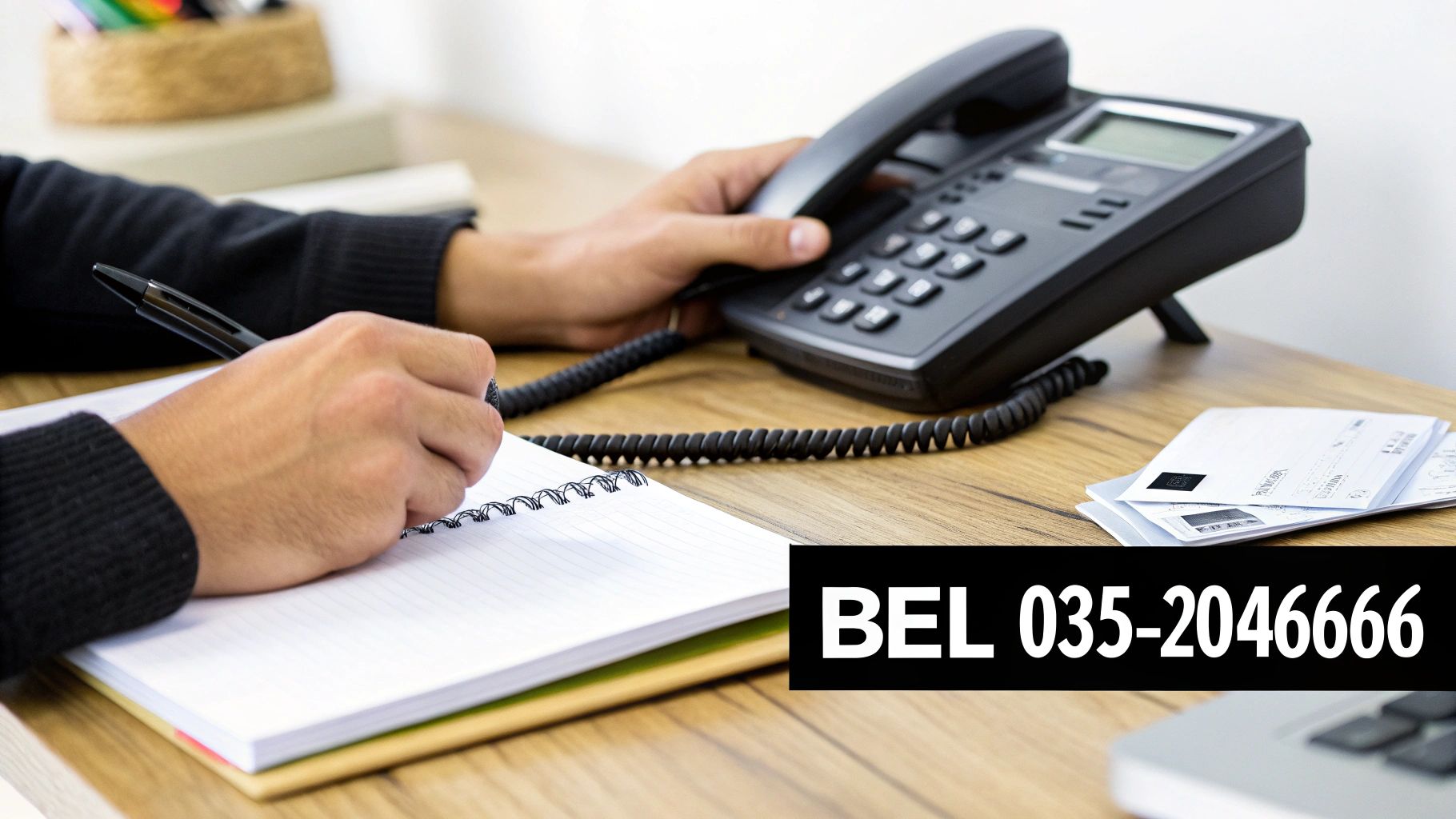 Een persoon belt en noteert informatie op een houten bureau met een telefoonnummer zichtbaar.
