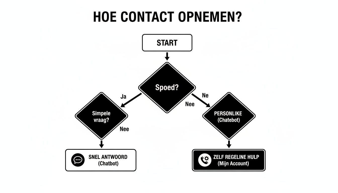 Overzichtelijk stroomdiagram met contactopties: chatbot voor spoed, zelfhulp voor overige vragen.