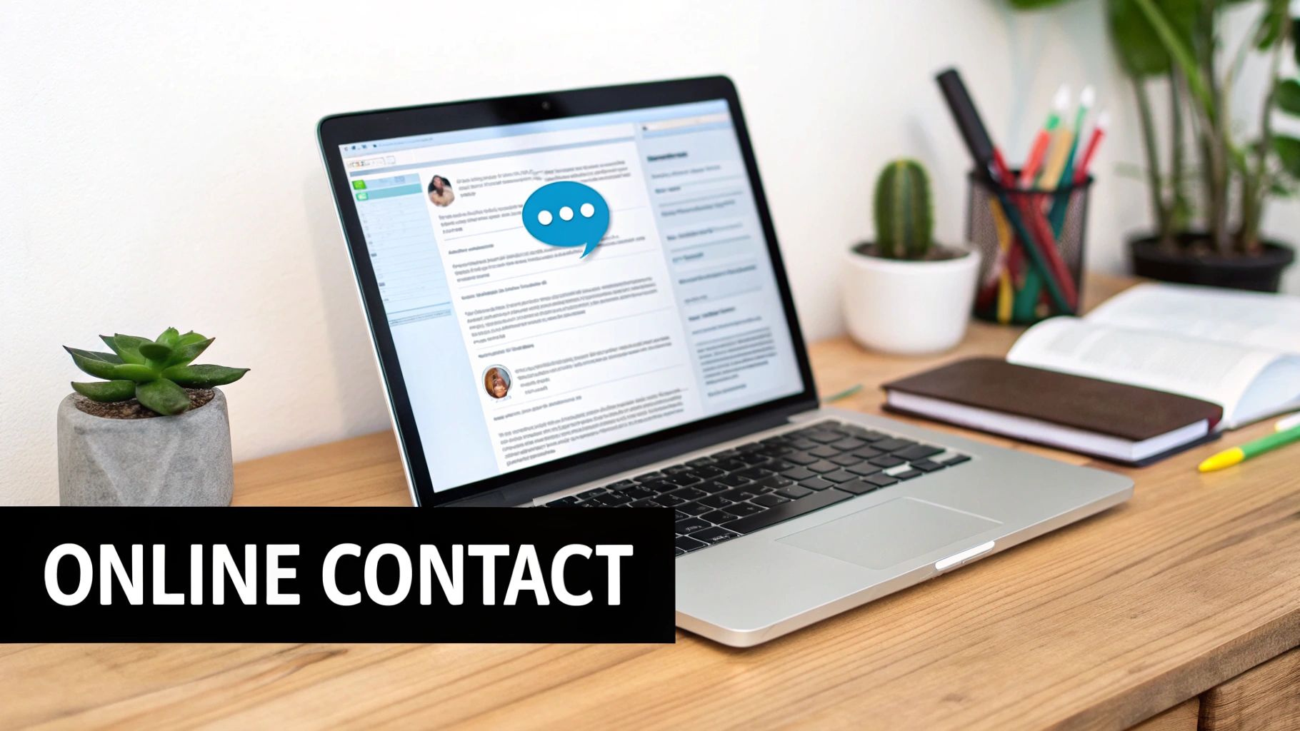 Laptop op bureau toont online contactformulier met chatbericht icoon voor klantenservice communicatie
