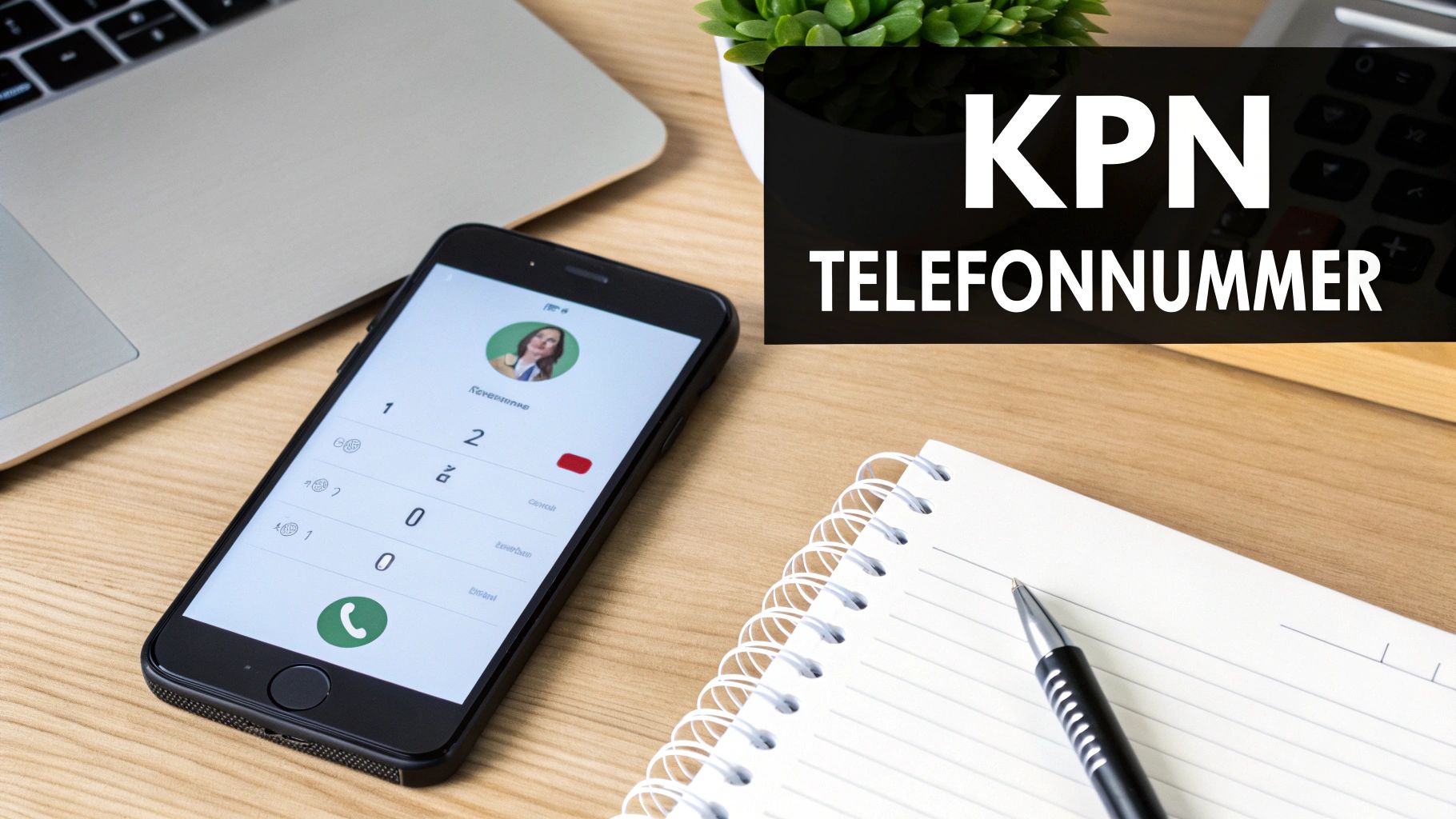 Een smartphone met een belscherm, een laptop, notitieblok en pen op een bureau, met 'KPN TELEFOONNUMMER' op een zwarte achtergrond.