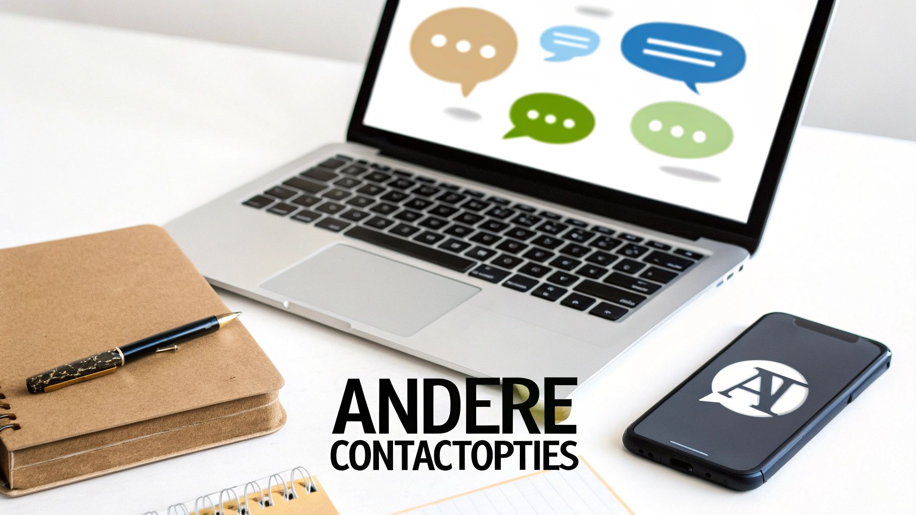Een laptop, smartphone, notitieboek en pen op een wit bureau met de tekst 'ANDERE CONTACTOPTIES' en chatbubbels.