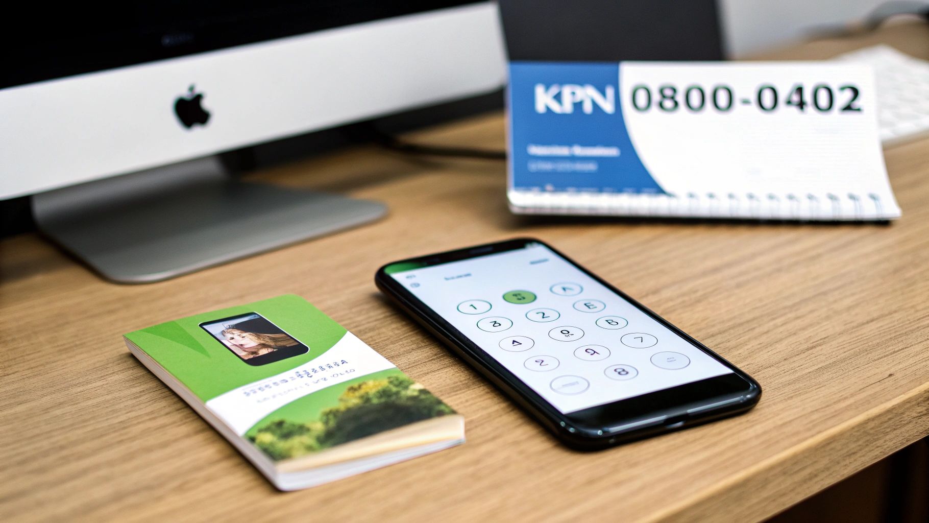 Een bureau met een iMac, smartphone met toetsenbord, groen boekje en KPN serviceboekje met telefoonnummer.