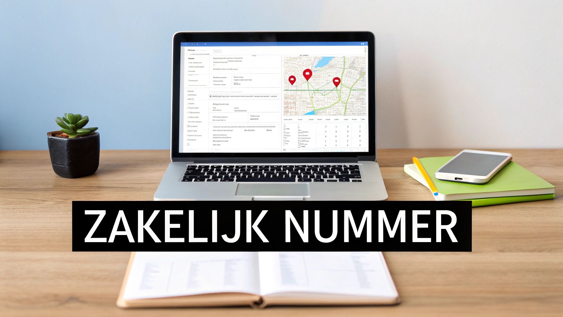 Een laptop toont een kaart met locatiepinnen, naast een smartphone en plant, op een bureau, met 'ZAKELIJK NUMMER'.