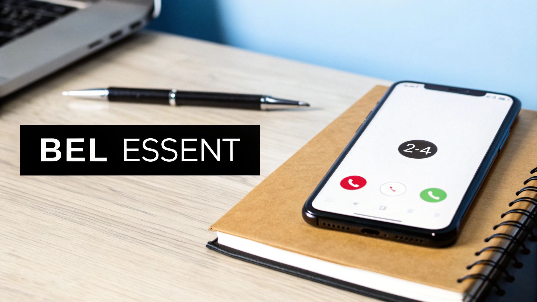 Smartphone toont inkomende oproep, met de tekst 'BEL ESSENT' en een pen en laptop op een bureau.