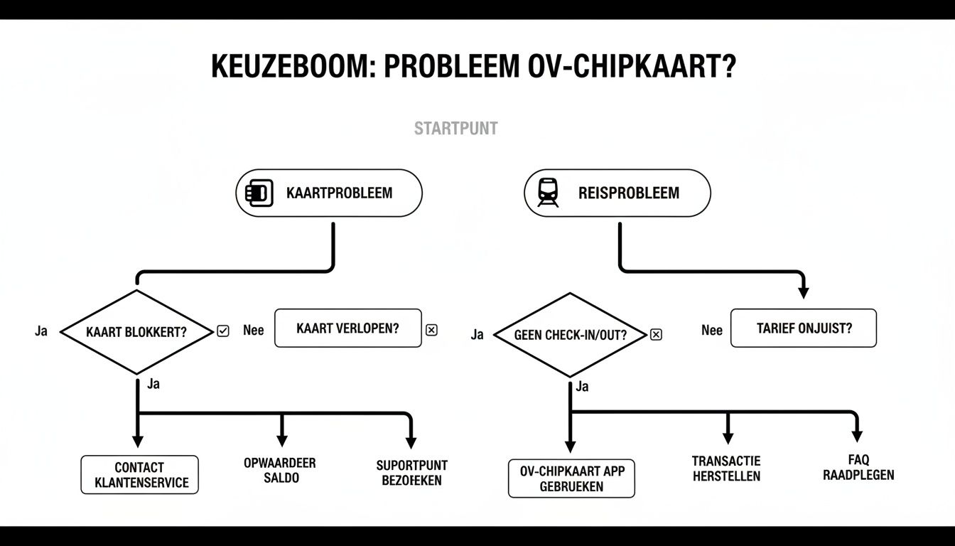 Gedetailleerd stroomschema voor het oplossen van OV-chipkaart problemen, inclusief kaart- en reisproblemen met stappen.