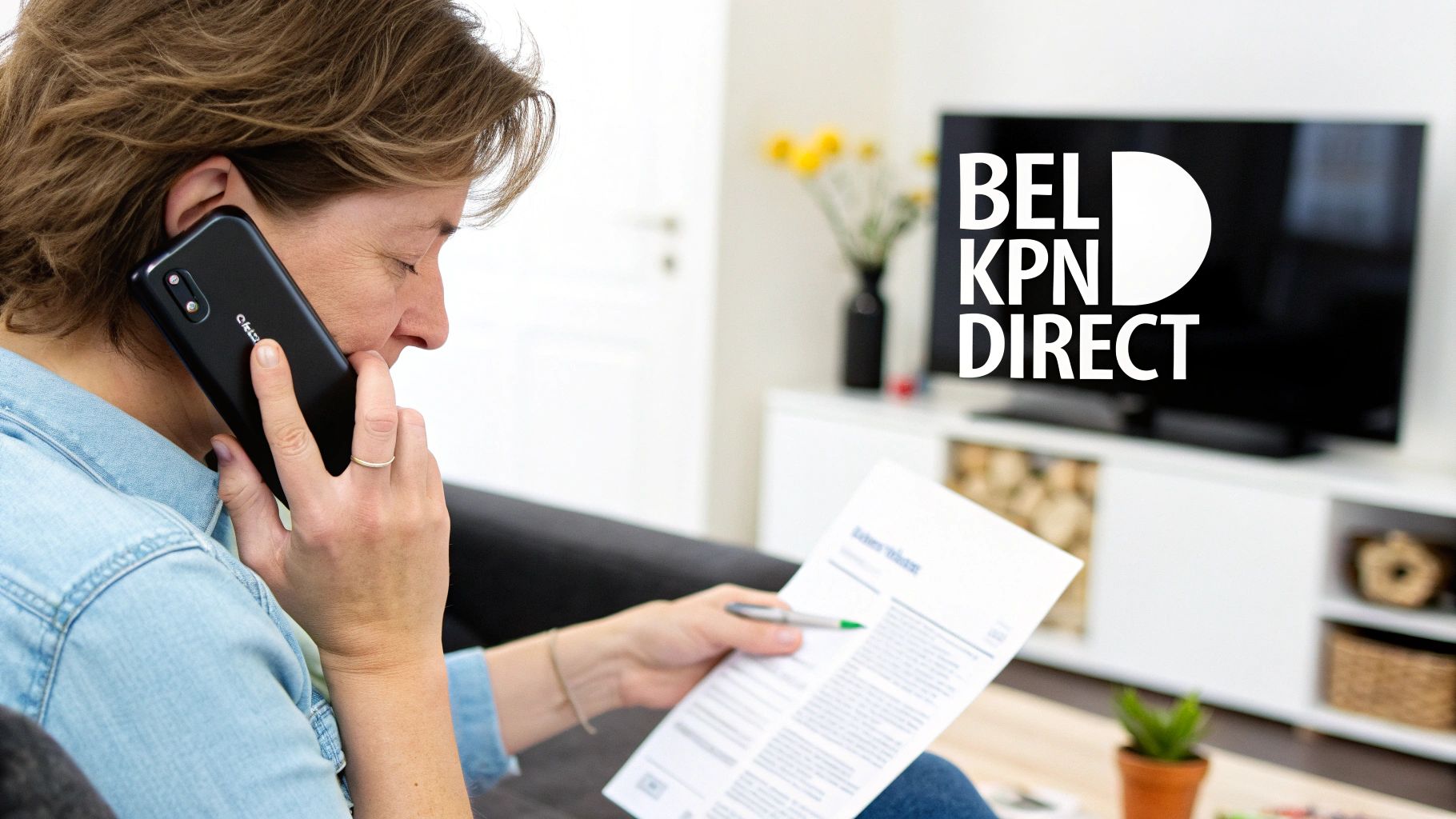 Vrouw belt met een telefoon terwijl ze een document vasthoudt; op de achtergrond staat 'BEL KPN DIRECT' op een tv.