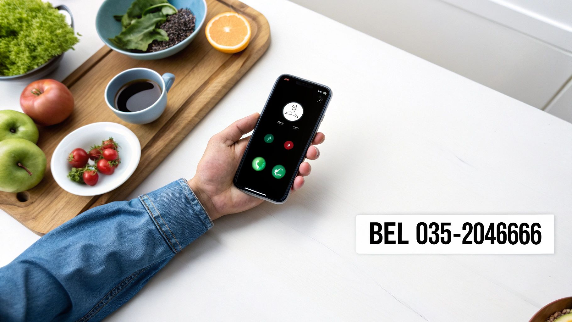 Persoon houdt smartphone vast op tafel met gezonde voeding en telefoonnummer BEL 035-2046666.