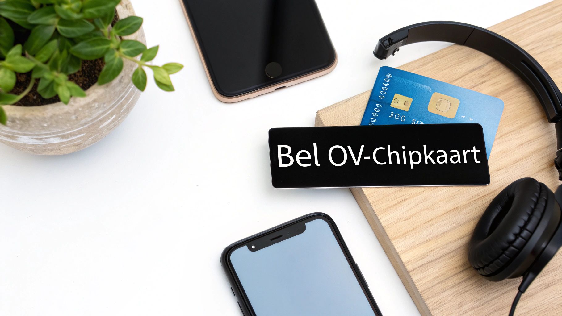 Bovenaanzicht van een werkplek met twee telefoons, een plant, koptelefoon en een kaart met 'Bel OV-Chipkaart'.