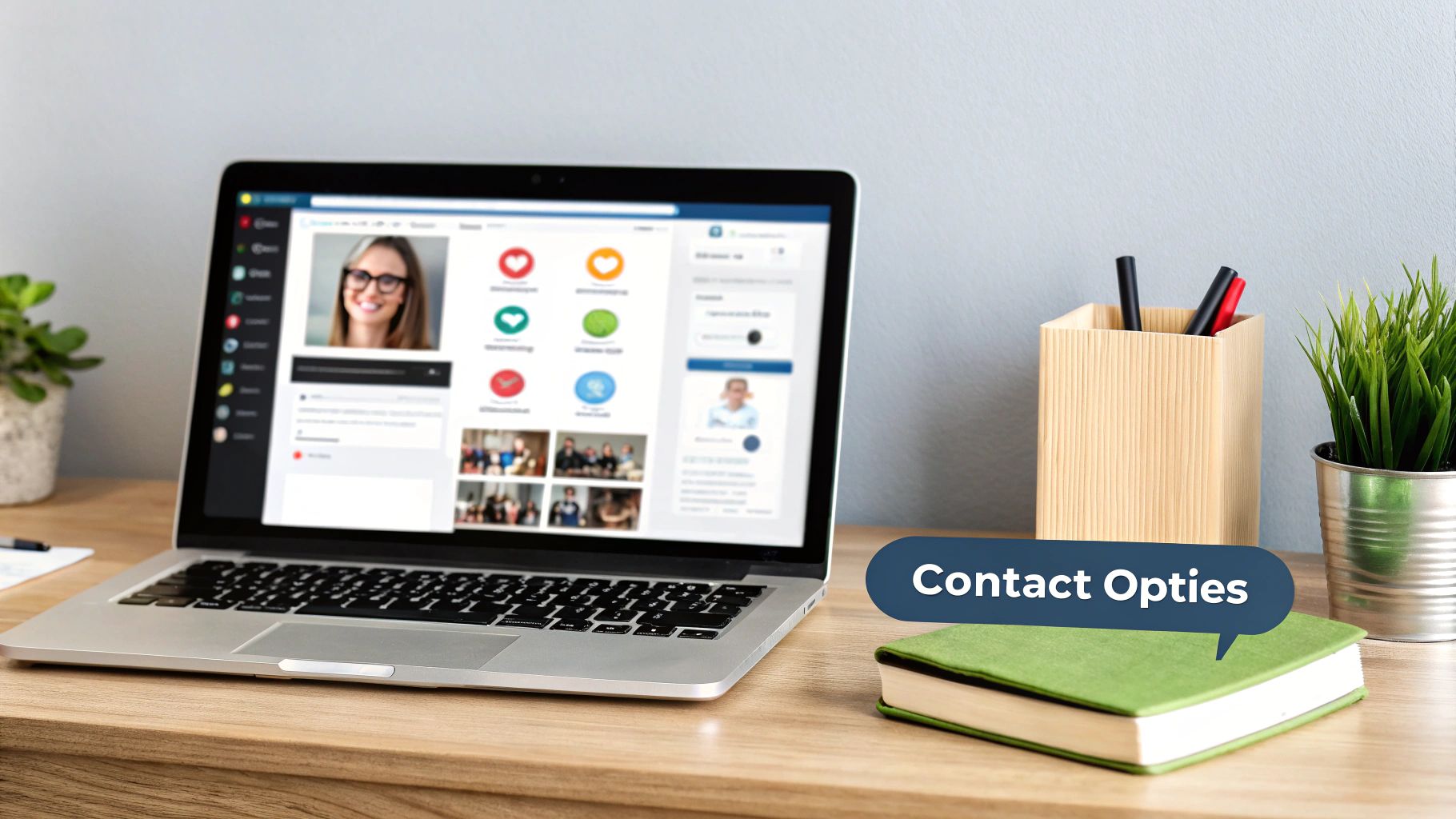 Verschillende contacticonen zoals een telefoon, envelop en social media logo's