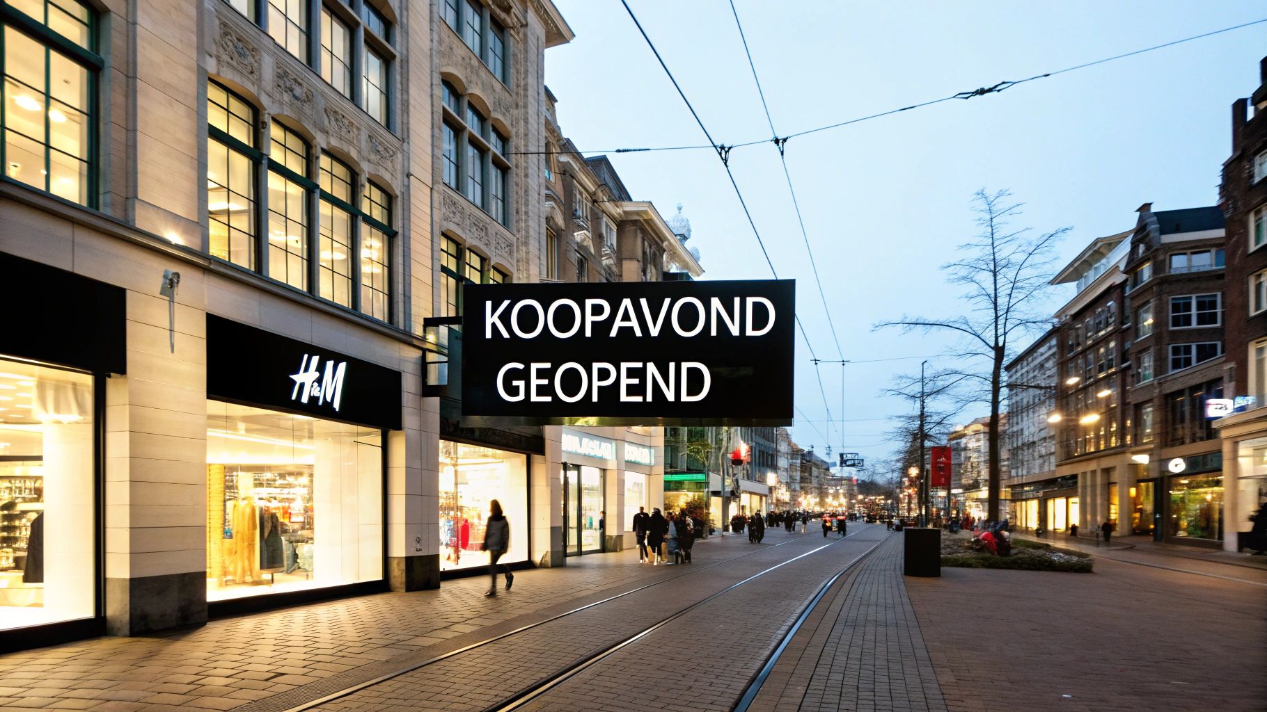 H&M winkel op een levendige winkelstraat in Amsterdam met een groot bord 'Koopavond Geopend'.