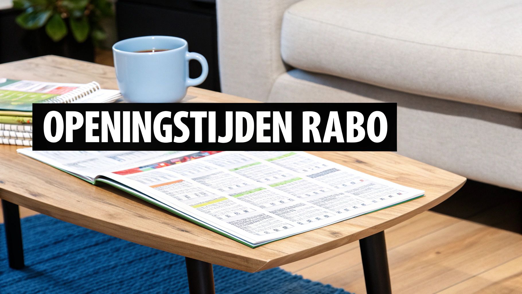 Een houten salontafel met een open tijdschrift, een blauwe mok en de tekst 'Openingstijden Rabo'.