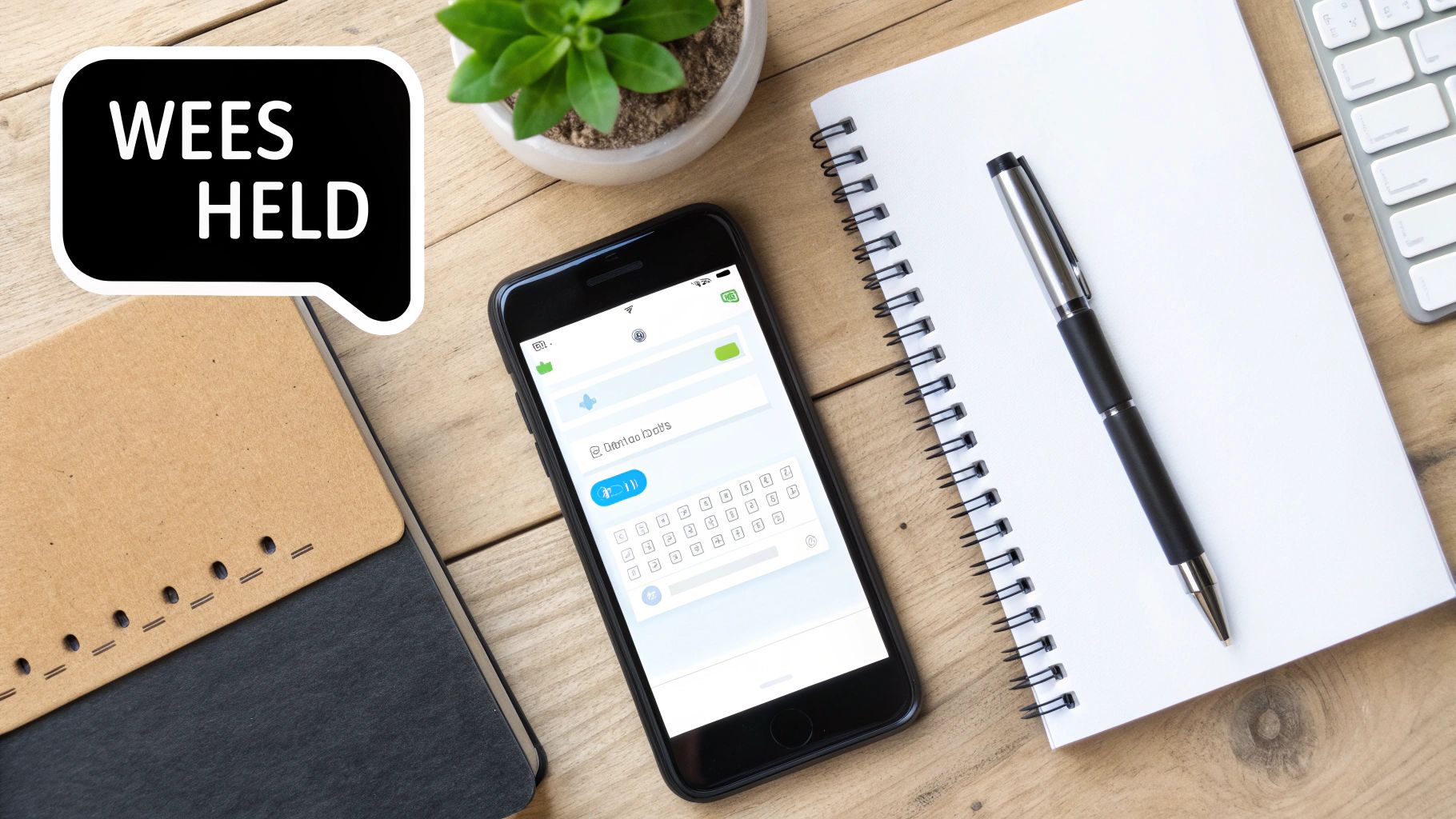 Een bovenaanzicht van een houten bureau met een smartphone, notitieboek, pen, plantje en een tekstballon met 'WEES HELD'.