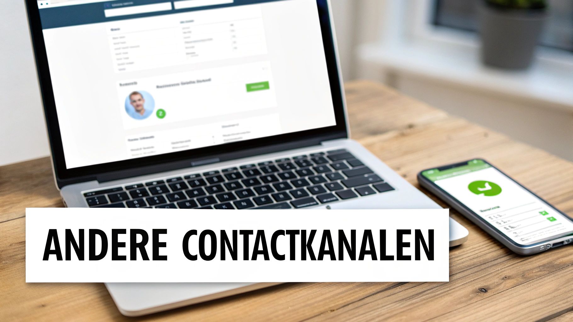 Een laptop en smartphone liggen op een houten bureau, met de tekst 'ANDERE CONTACTKANALEN' prominent in beeld.