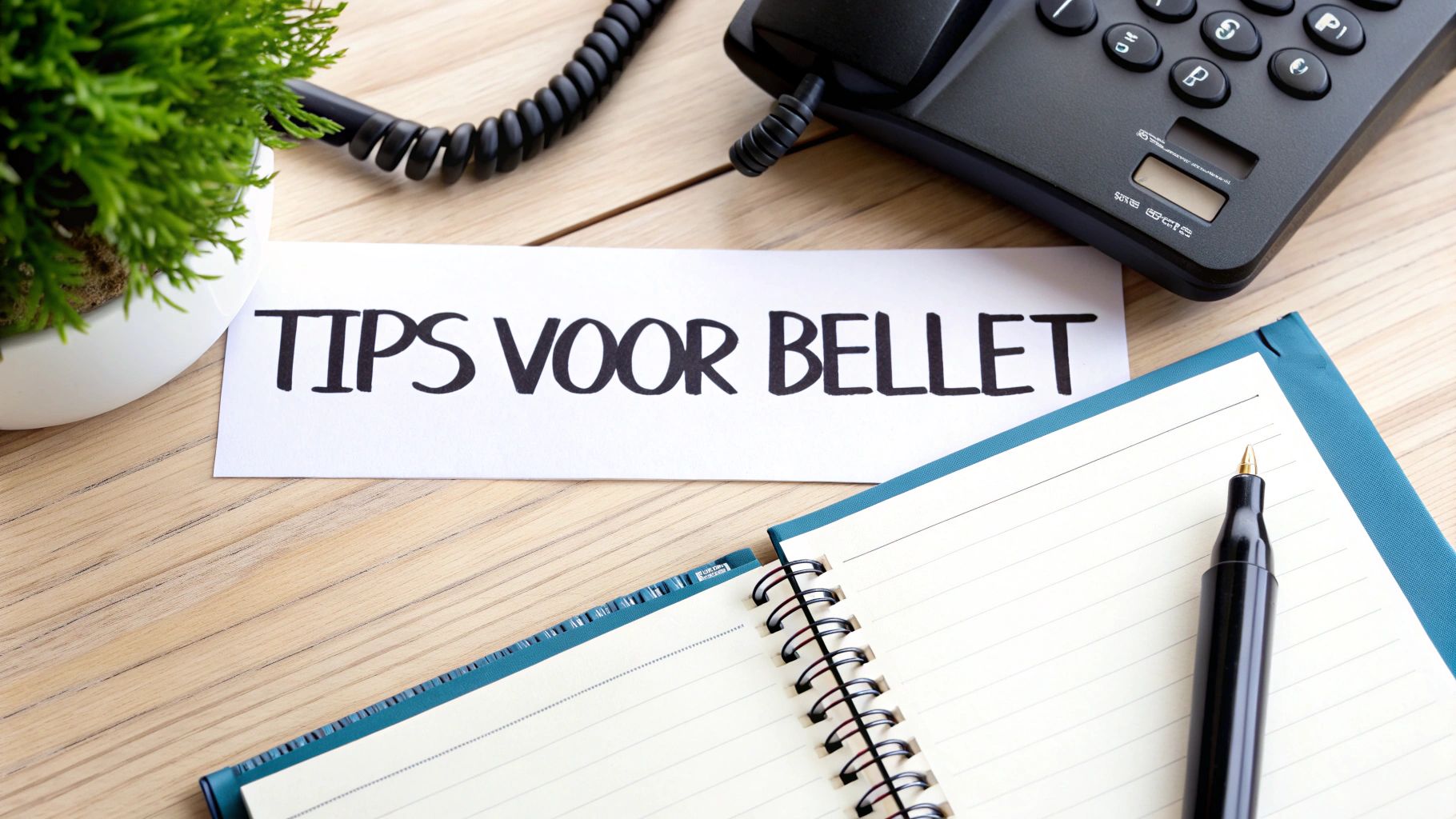 Witte notitie met 'TIPS VOOR BELLEN' op houten bureau, naast een telefoon, notitieboek en pen.