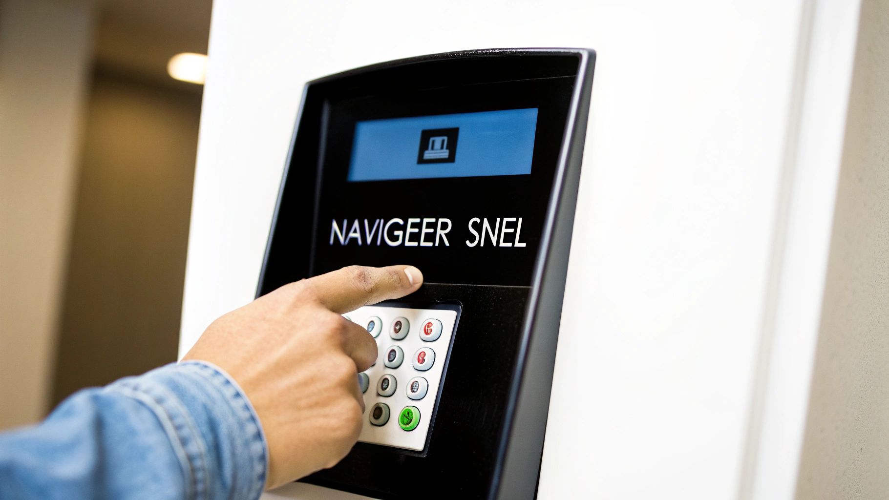 Een hand drukt op een knop van een interactieve kiosk met de tekst 'NAVIGEER SNEL' op het scherm.