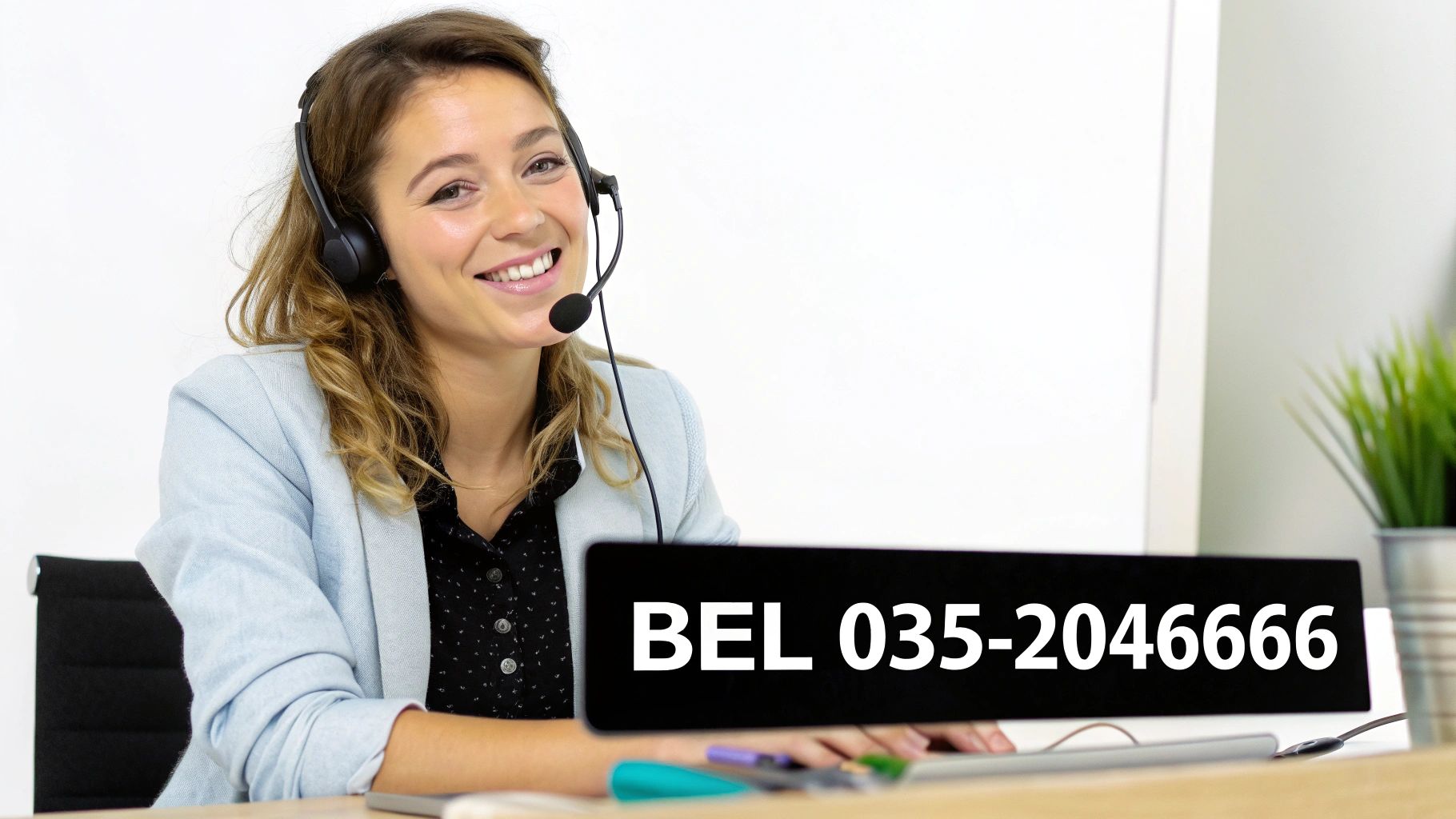Een lachende jonge vrouw met headset zit achter een bureau, naast een bord met het telefoonnummer BEL 035-2046666.