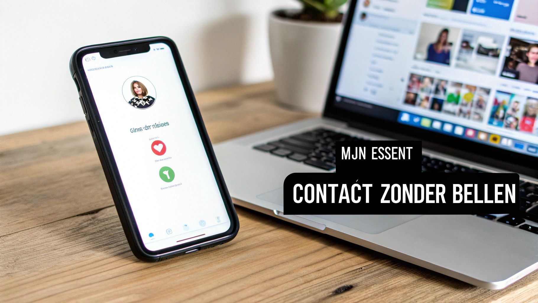 Een smartphone met een profielscherm naast een laptop waarop een sociale media feed te zien is.