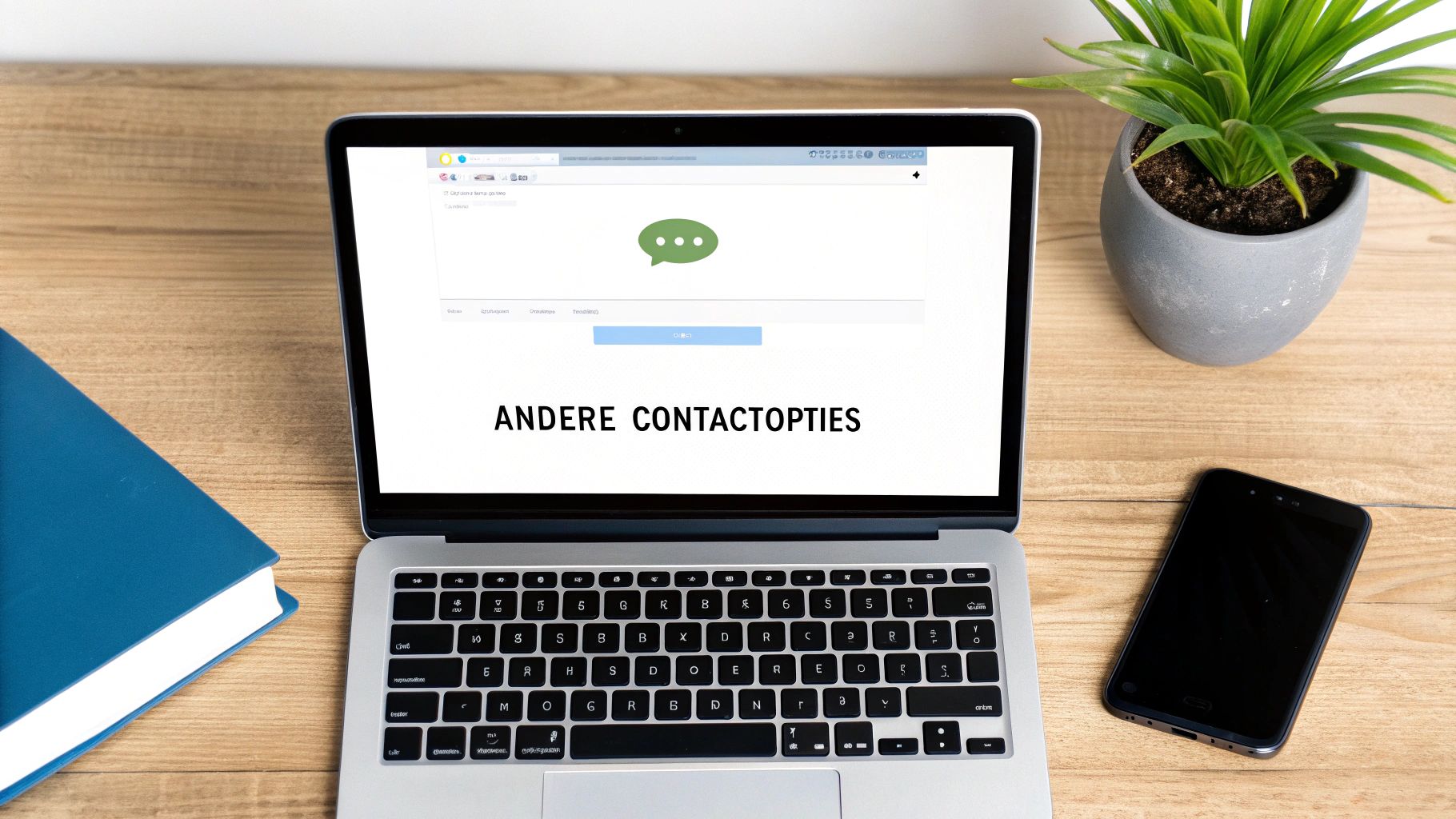 Laptop op bureau toont contactopties met chat icoon voor klantenservice communicatie