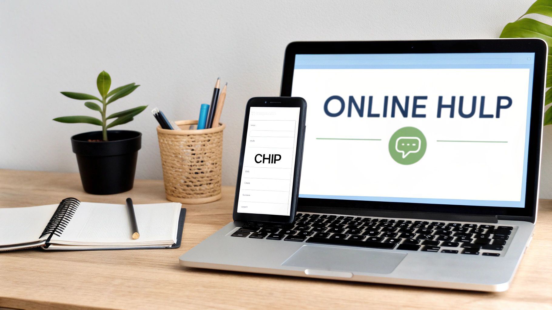 Laptop met "ONLINE HULP", smartphone met "CHIP", notitieboek en plant op een houten bureau.