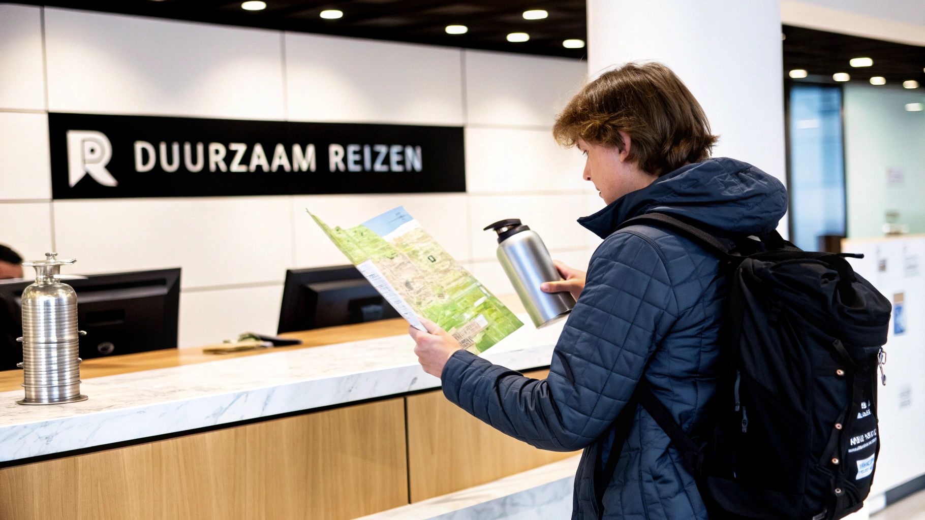 Jonge man met rugzak bekijkt een kaart en houdt een waterfles vast bij een receptiebalie met 'Duurzaam Reizen' bord.