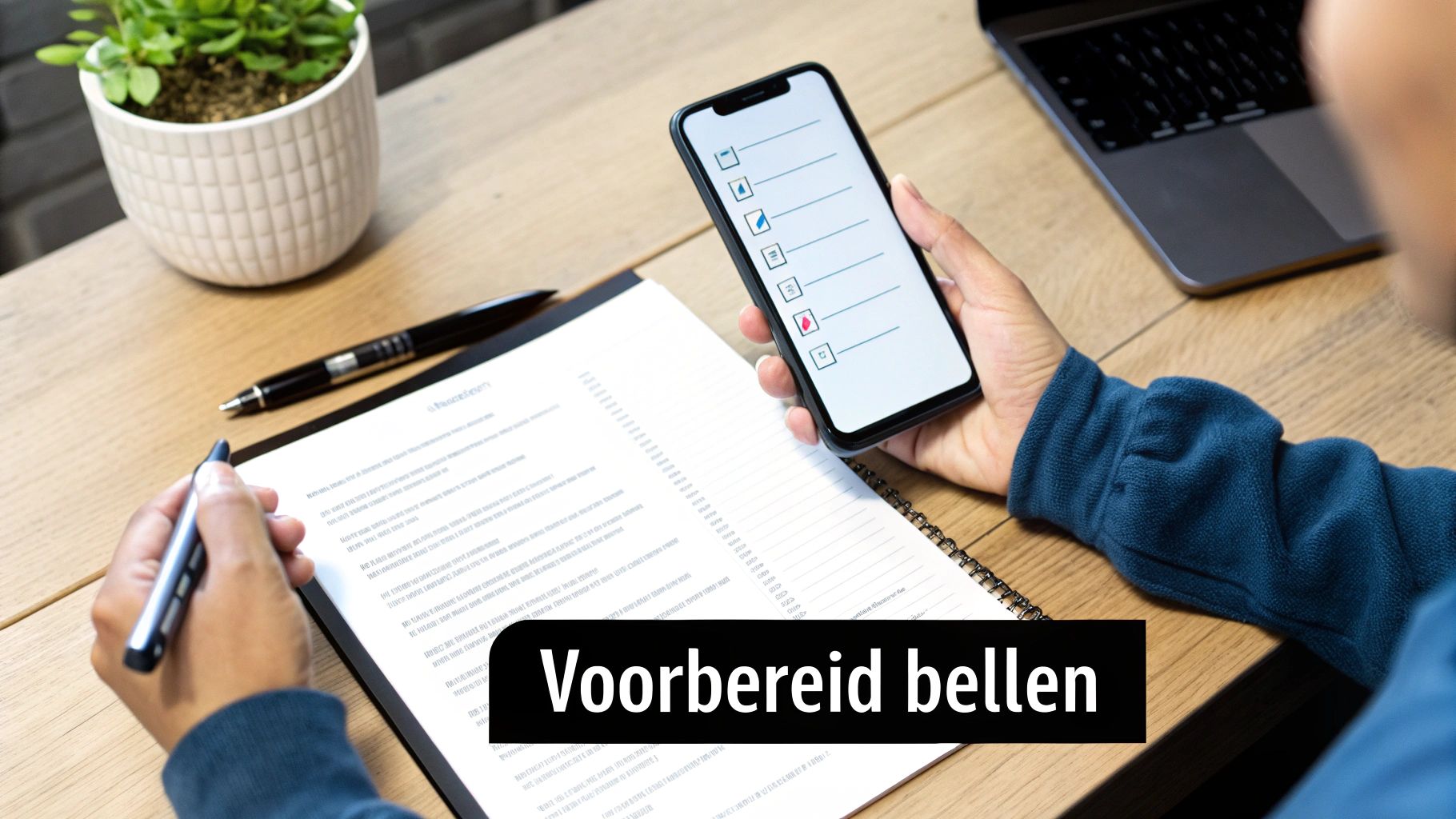 Iemand bereidt zich voor op een telefoongesprek, gebruikmakend van een checklist op de telefoon en een notitieboekje.