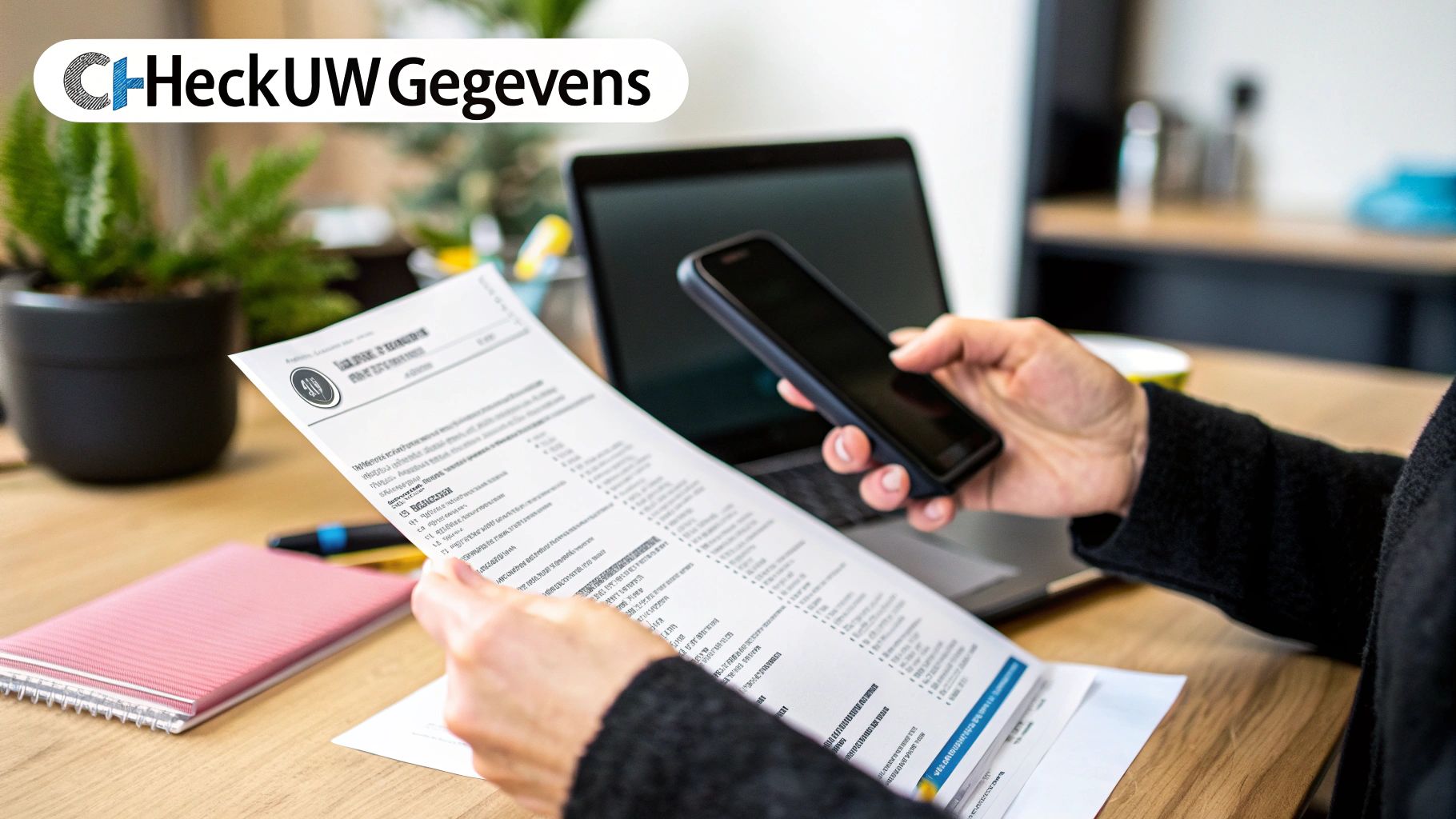 Persoon met document en telefoon, laptop op tafel. De tekst 'CHHeckUW Gegevens' is zichtbaar.