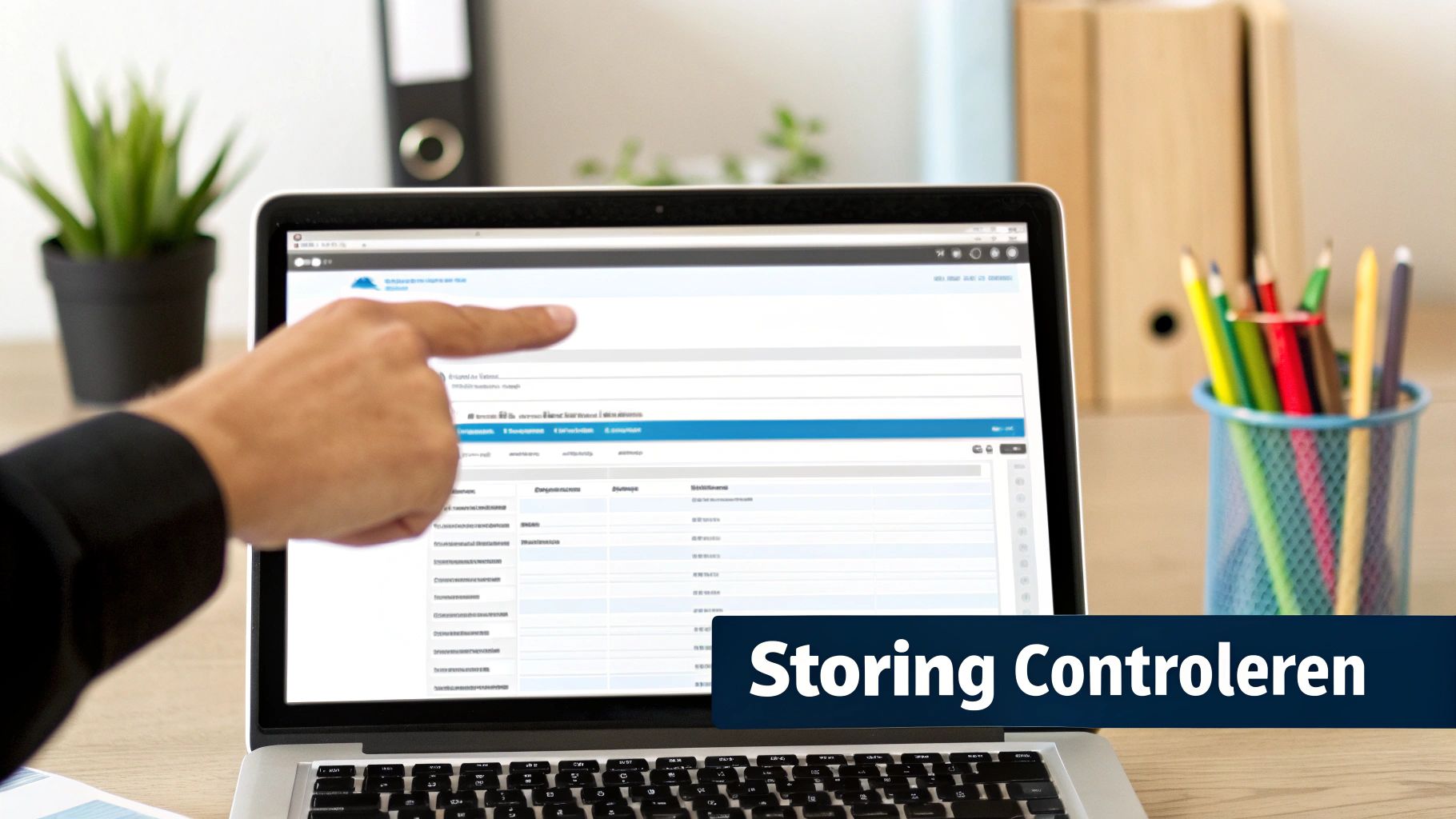 Een persoon wijst naar een laptop scherm met een webapplicatie die bedrijfsgegevens toont op een kantoorwerkplek.