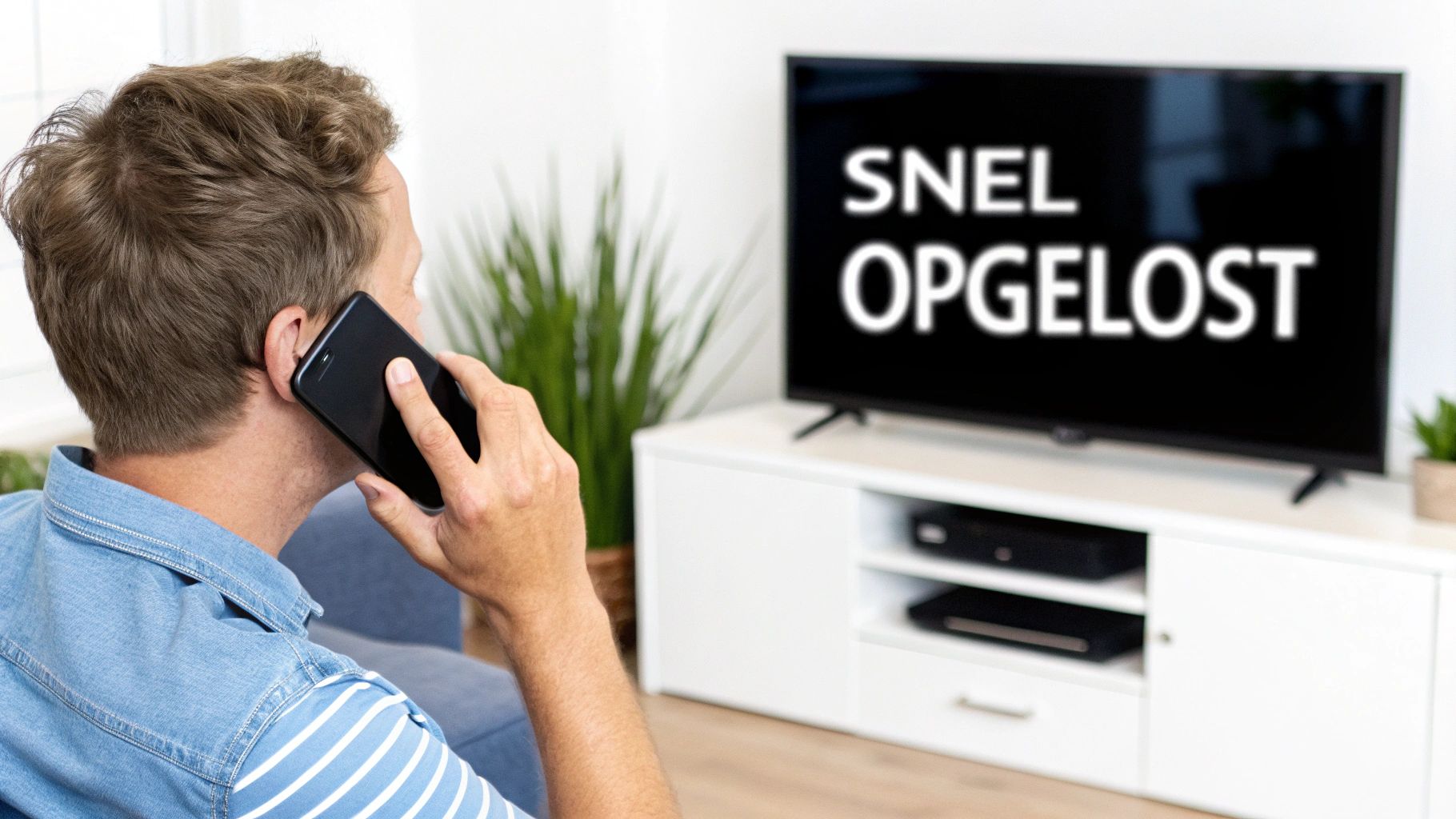 Een persoon die een telefoon vasthoudt om een klantenservice te bellen.
