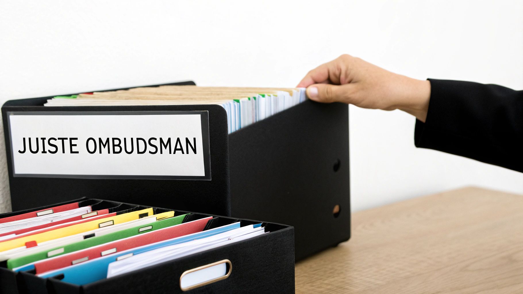 Hand pakt document uit zwarte archiefbox met label juiste ombudsman en kleurgecodeerde mappen