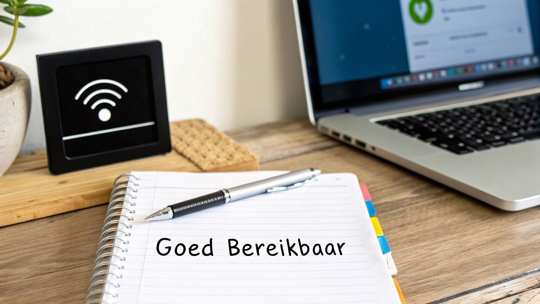 Een open notitieboekje met de tekst 'Goed Bereikbaar' en een pen op een houten bureau met laptop en wifi-bordje.
