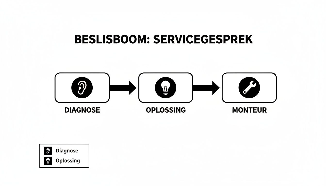 Flowchart van een servicegesprek, illustreert de stappen diagnose, oplossing en inschakeling van een monteur.